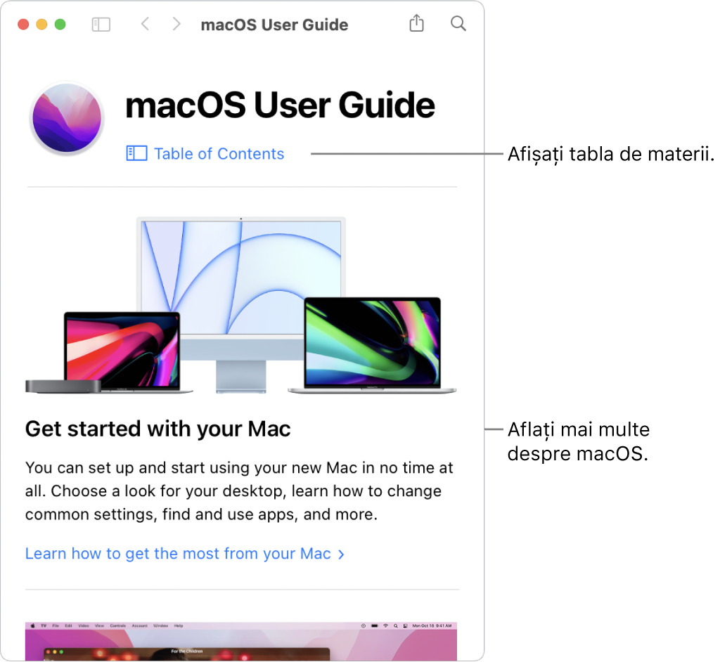 Pagina de bun venit a Manualului de utilizare macOS afișând linkul Tablă de materii.