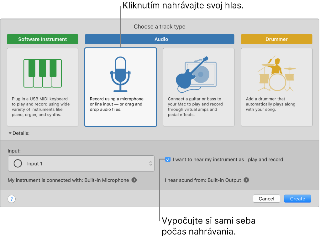 Panel s nástrojmi aplikácie GarageBand s položkou, na ktorú treba kliknúť, ak chcete nahrávať hlas, a so znázornením, ako si vypočujete, čo nahrávate.