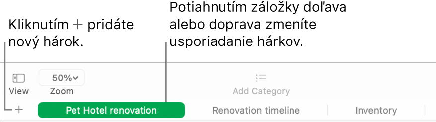 Okno aplikácie Numbers znázorňujúce pridanie nového hárka a zmenu usporiadania hárkov.