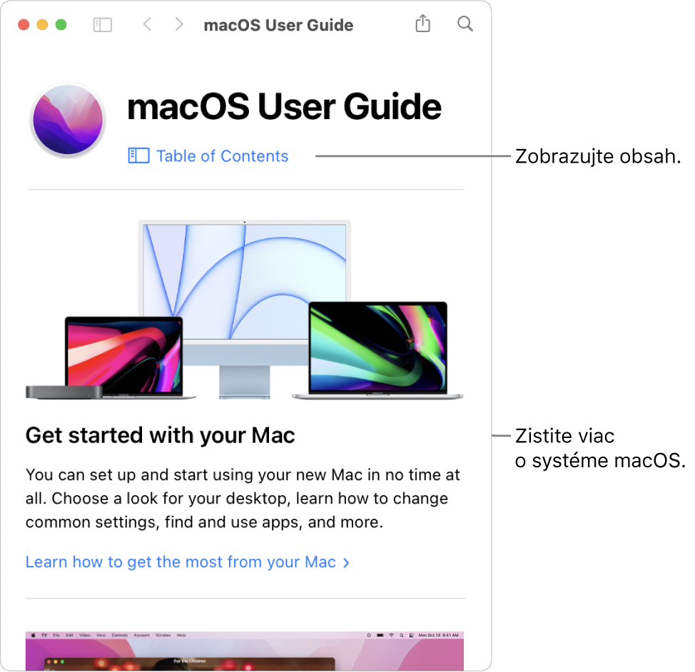 Úvodná obrazovka Príručky užívateľa pre macOS zobrazujúca odkaz na obsah.