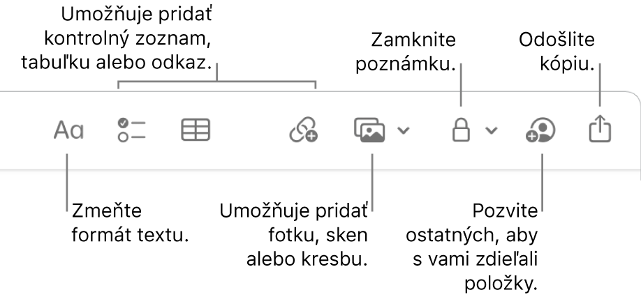 Panel s nástrojmi Poznámky s nástrojmi bublina v textovom formáte, kontrolný zoznam, tabuľka, odkaz, fotka/médiá a kopírovanie.