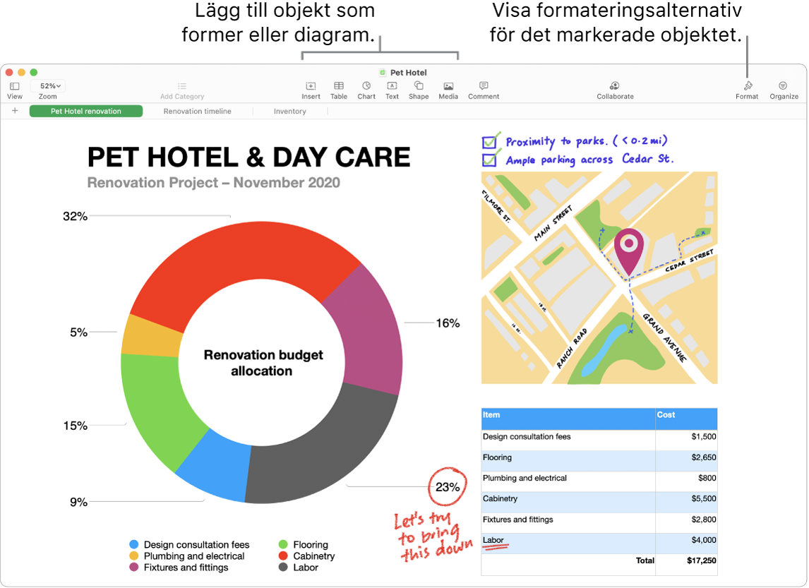 Ett Numbers-fönster som visar verktygsfältet med redigeringsverktyg överst, samarbetsknappen uppe till höger och knapparna för format och organisering till höger. Formatsidofältet är öppet i Diagram-fliken.