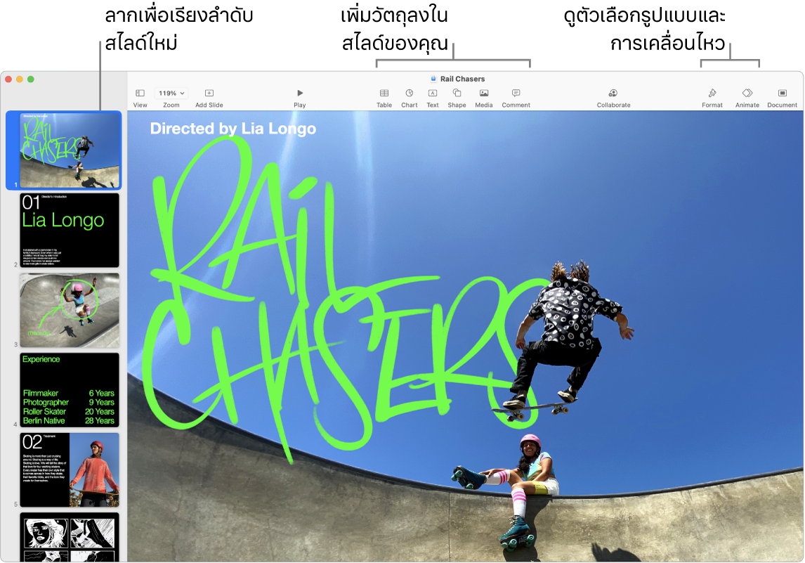 หน้าต่างแอป Keynote ที่แสดงแถบนำทางสไลด์ทางด้านซ้ายและวิธีจัดเรียงสไลด์ แถบเครื่องมือและเครื่องมือการแก้ไขของแถบเครื่องมือที่ด้านบน ปุ่มใช้งานร่วมกันอยู่ใกล้กับด้านขวาบน และปุ่มรูปแบบ เคลื่อนไหว และเอกสารอยู่ทางด้านขวา