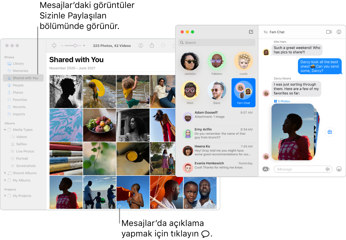 Bir fotoğraf belge grubu ile sağda Mesajlar yazışması ve Mesajlar uygulamasından paylaşılan fotoğrafları gösteren bir Fotoğraflar penceresinin Sizinle Paylaşılan bölümü.