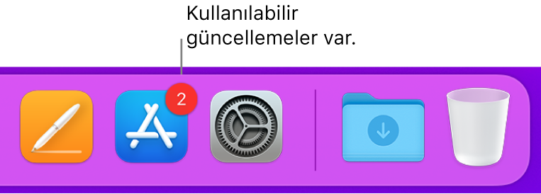 App Store simgesini kullanılabilir güncellemeler olduğunu belirten bir işaretle gösteren Dock’ın bir kısmı.