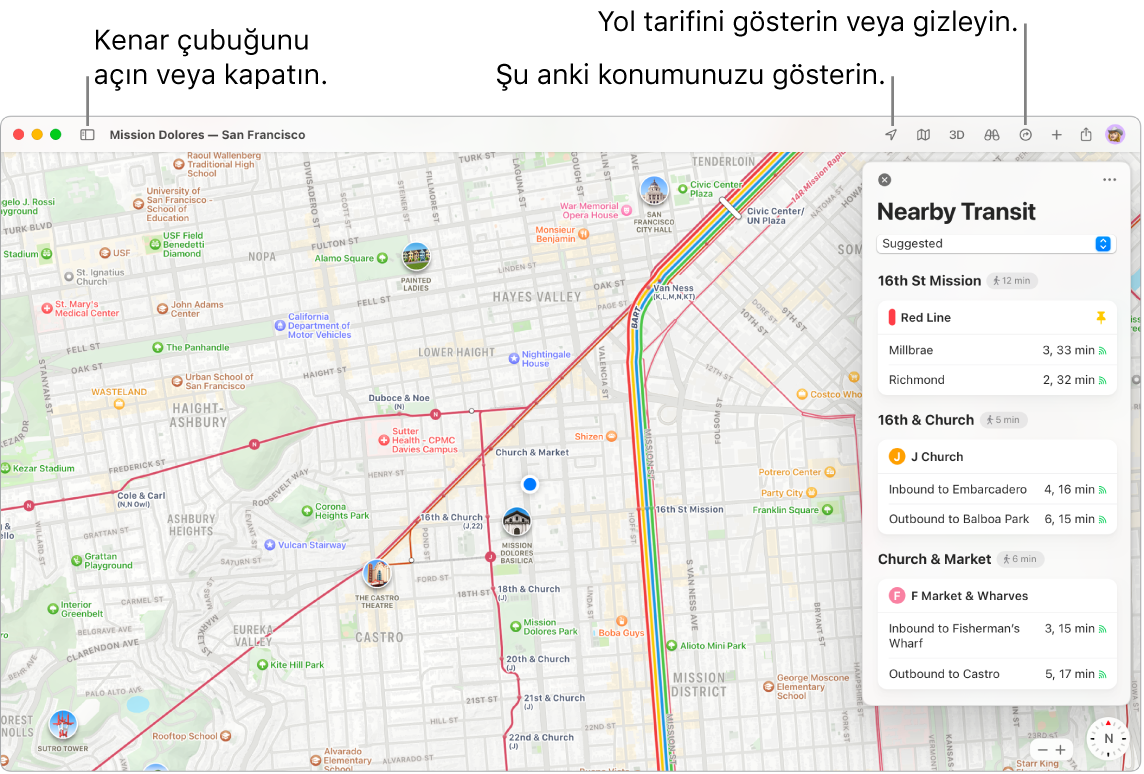 Kenar çubuğunda bir hedefi tıklayarak yol tarifi almayı, kenar çubuğunu açıp kapatmayı ve şu anki konumunuzu haritada bulmayı gösteren bir Harita penceresi.