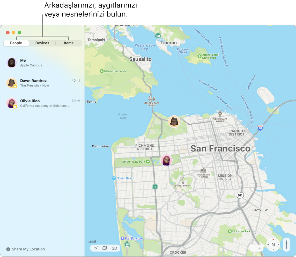 Sol tarafta Kişiler sekmesi seçili ve sağ tarafta üç arkadaşın konumuyla birlikte bir San Francisco haritası bulunuyor.