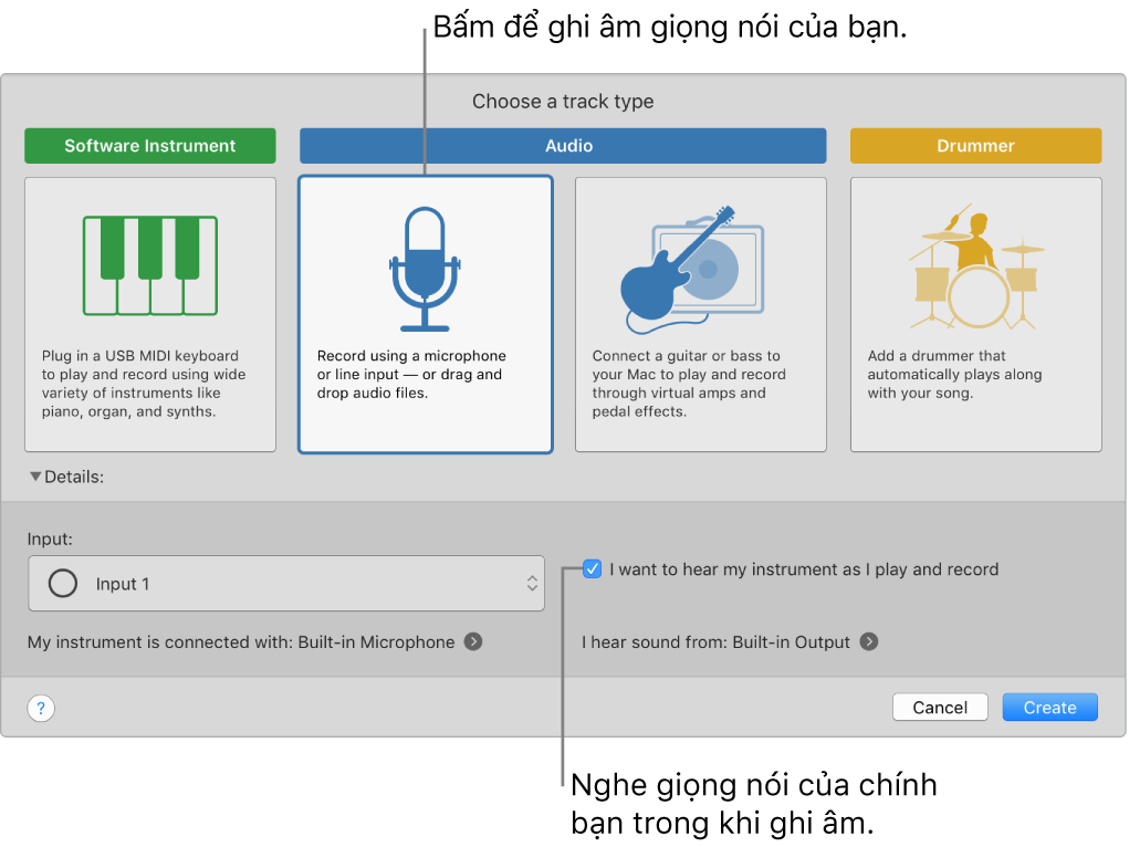 Khung nhạc cụ GarageBand đang hiển thị nơi cần bấm để ghi âm giọng hát và cách nghe chính bạn trong khi ghi âm.