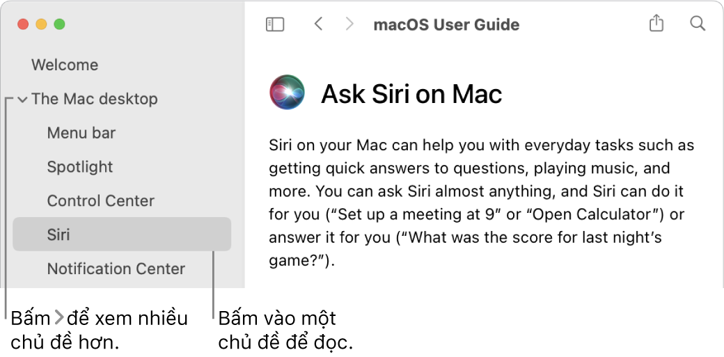 Trình xem Trợ giúp đang minh họa cách xem các chủ đề được liệt kê trong thanh bên và cách hiển thị nội dung của một chủ đề.