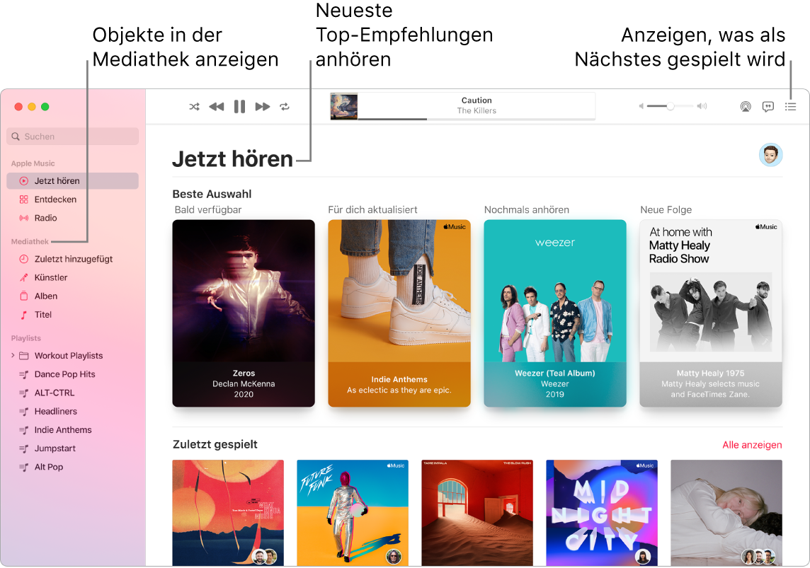 Ein Fenster der App „Musik“ mit Informationen zum Anzeigen deiner Mediathek, Anhören von Apple Music und Anzeigen des nächsten Titels