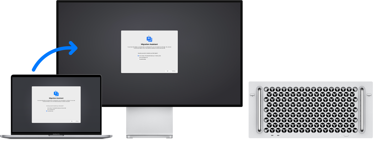 A MacBook displaying the Migration Assistant screen, connected to a Mac Pro that also has the Migration Assistant screen open.