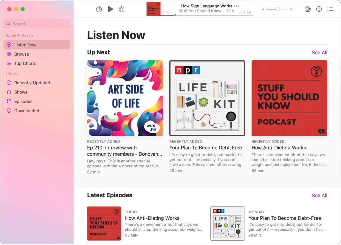 The Podcasts window showing a column on the left with a search field at the top and viewing options below. Browse is selected and podcasts are shown on the right.