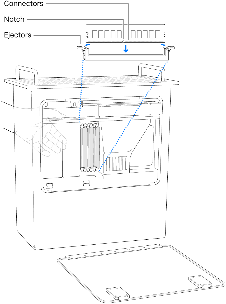 Mac Pro standing on its end, highlighting the features of a DIMM.