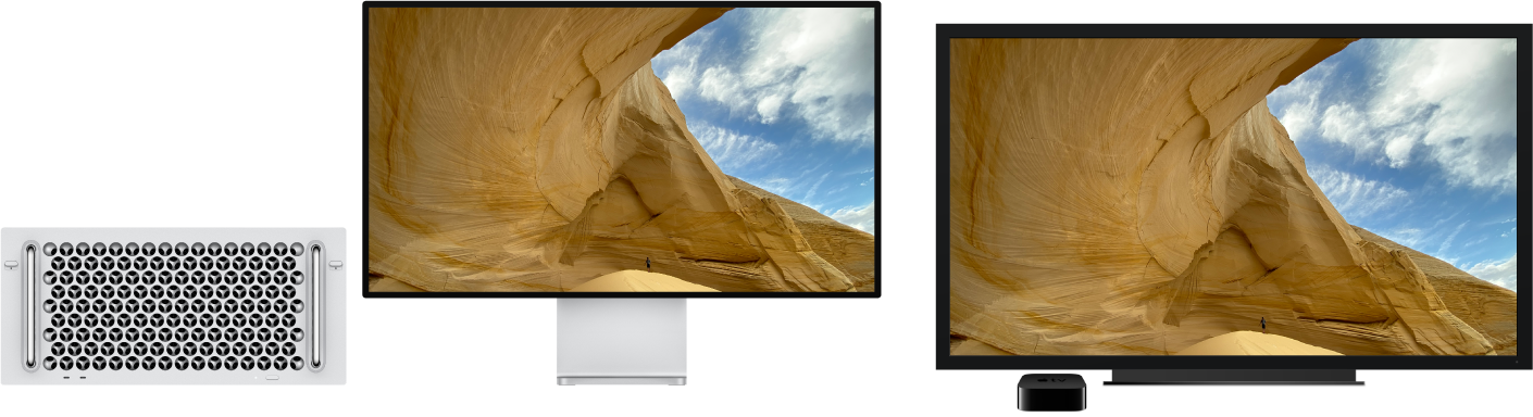 Una Mac Pro con el contenido duplicado en una televisión de alta definición a través de un Apple TV.