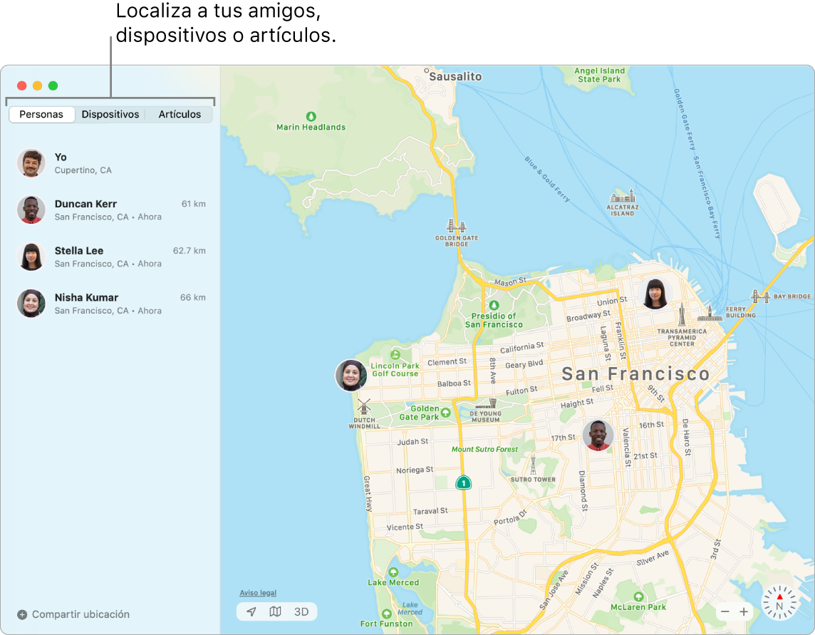 La pestaña Amigos seleccionada en el lado izquierdo, y un mapa de San Francisco en el lado derecho con las ubicaciones de tres amigos.