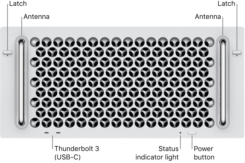 Mac Pro esivaade, millel on kujutatud kahte Thunderbolt 3 (USB-C) porti, süsteemi indikaatortuld, toitenuppu ja antenni.