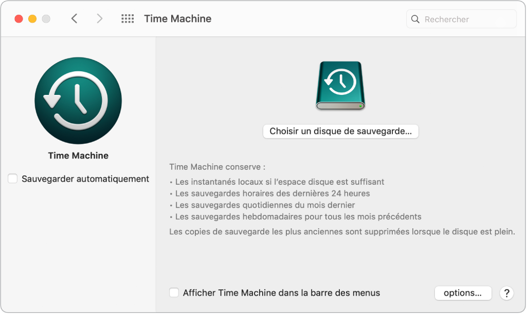 La fenêtre de sauvegarde Time Machine.