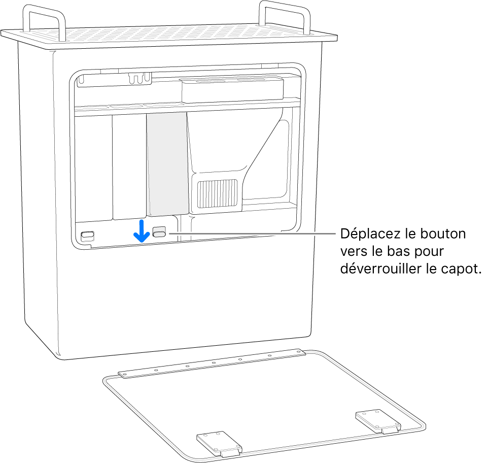 Mac Pro reposant sur son extrémité, avec le bouton qui débloque le cache de DIMM mis en évidence.