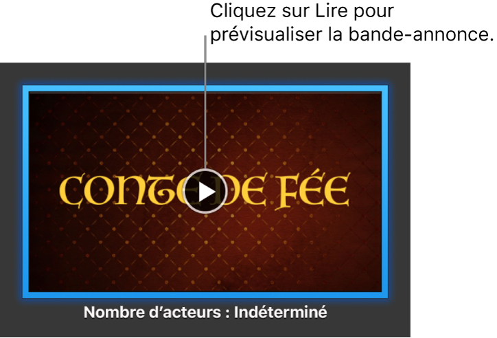 Écran d’iMovie présentant une bande-annonce avec le bouton Lecture surligné.