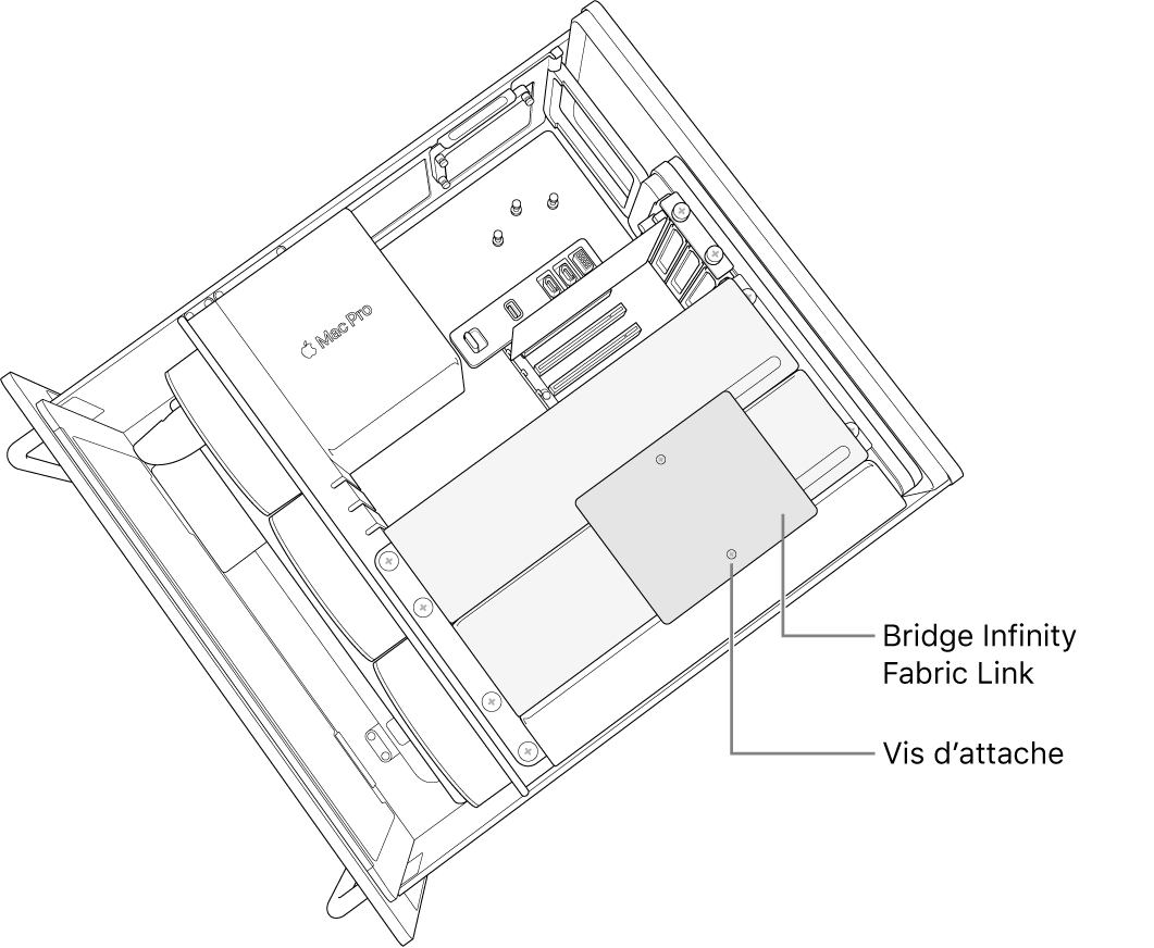 Une carte d’interconnexion installée entre deux modules Radeon Pro Vega II.