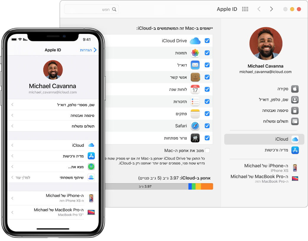 הגדרות iCloud ב-iPhone, וחלון iCloud ב-Mac.