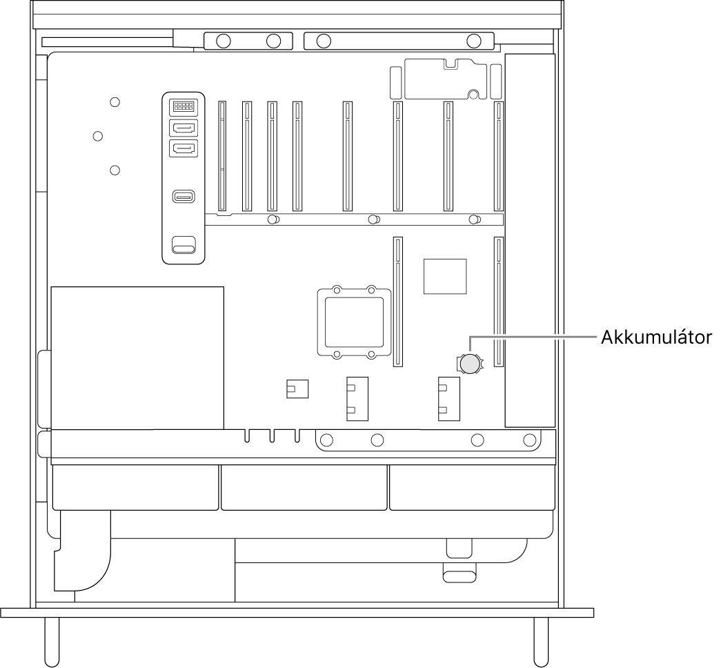 A nyitott Mac Pro oldalnézeti képe, ahol látható a gombelem helye.