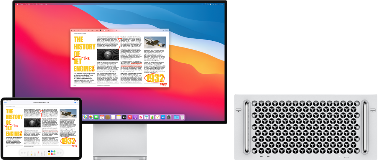 Mac Pro және iPad қатар орналасады. Екі экран да сызылған сөйлемдер, көрсеткілер және қосылған сөздер сияқты боялған қызыл өңдеулермен жабылған мақаланы көрсетеді. iPad құрылғысында экранның төменгі жағында белгілеу басқару элементтері де бар.