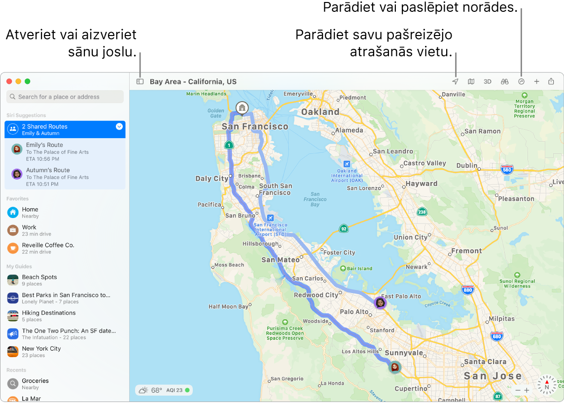 Lietotnes Maps logā redzams, kā iegūt norādes, klikšķinot uz galamērķa sānu joslā, kā atvērt vai aizvērt sānu joslu un kā atrast savu atrašanās vietu kartē.