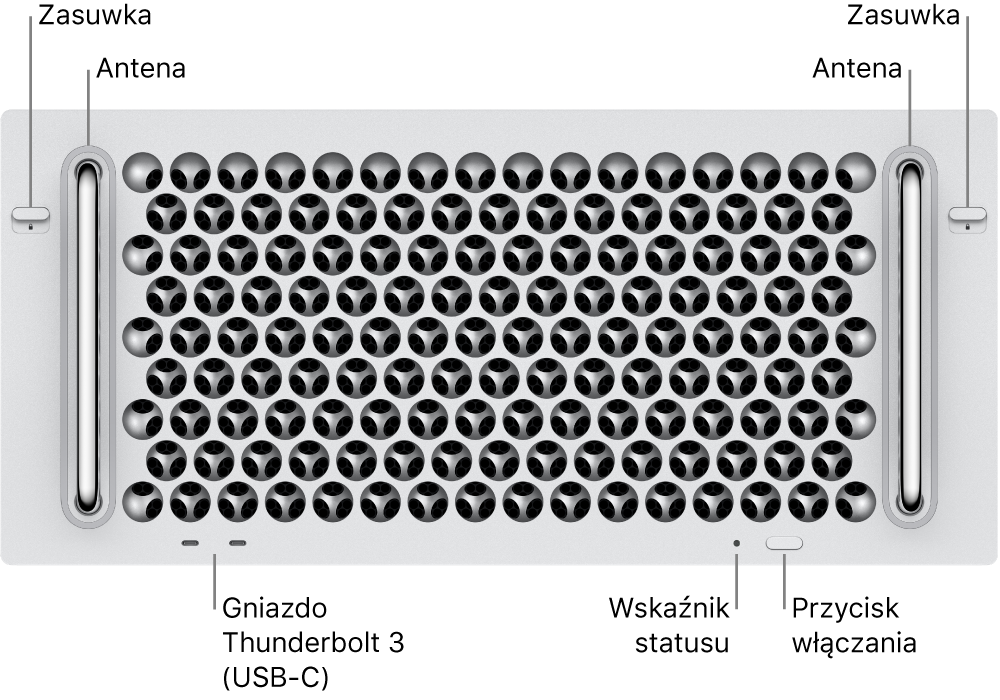 Widok Maca Pro z przodu z widocznymi dwoma gniazdami Thunderbolt 3 (USB-C), lampką wskaźnika statusu, przyciskiem włączania oraz anteną.