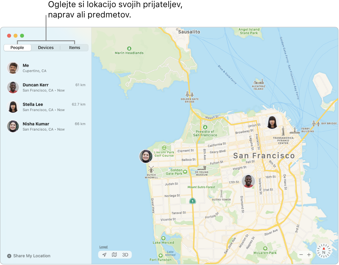 Izbran zavihek People na levi strani, na desni strani pa zemljevid San Francisca z lokacijami treh prijateljev.