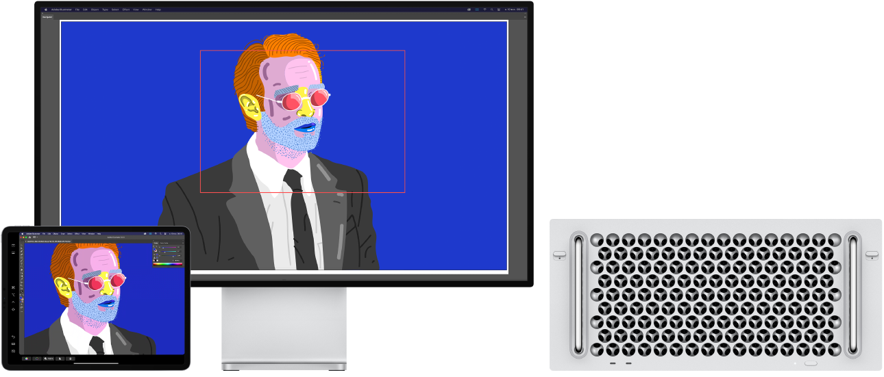 Mac Pro และ iPad ตั้งอยู่ข้างกัน Mac Pro แสดงงานศิลปะที่อยู่ในหน้าต่างการนำทางของ Illustrator iPad แสดงงานศิลปะเดียวกันในหน้าต่างเอกสารของ Illustrator และมีแถบเครื่องมืออยู่รอบๆ