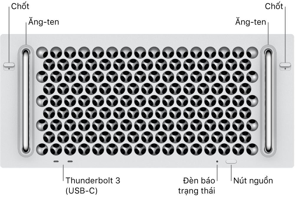 Mặt trước của Mac Pro đang hiển thị hai cổng Thunderbolt 3 (USB-C), đèn báo hệ thống, nguồn, nút và ăng-ten.