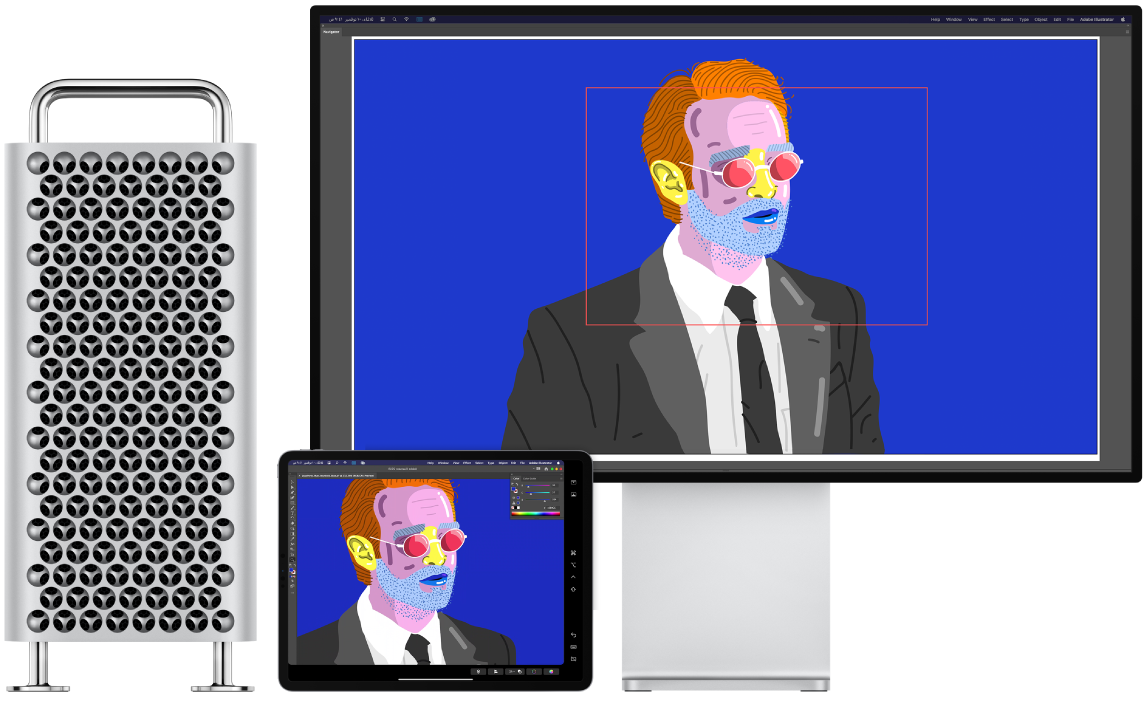 كمبيوتر Mac Pro وجهاز iPad جنبًا إلى جنب. يعرض الـ Mac Pro عملاً فنيًا داخل نافذة المتصفح في Illustrator. يعرض الـ iPad نفس العمل الفني في نافذة مستند في Illustrator، محاطًا بأشرطة أدوات.