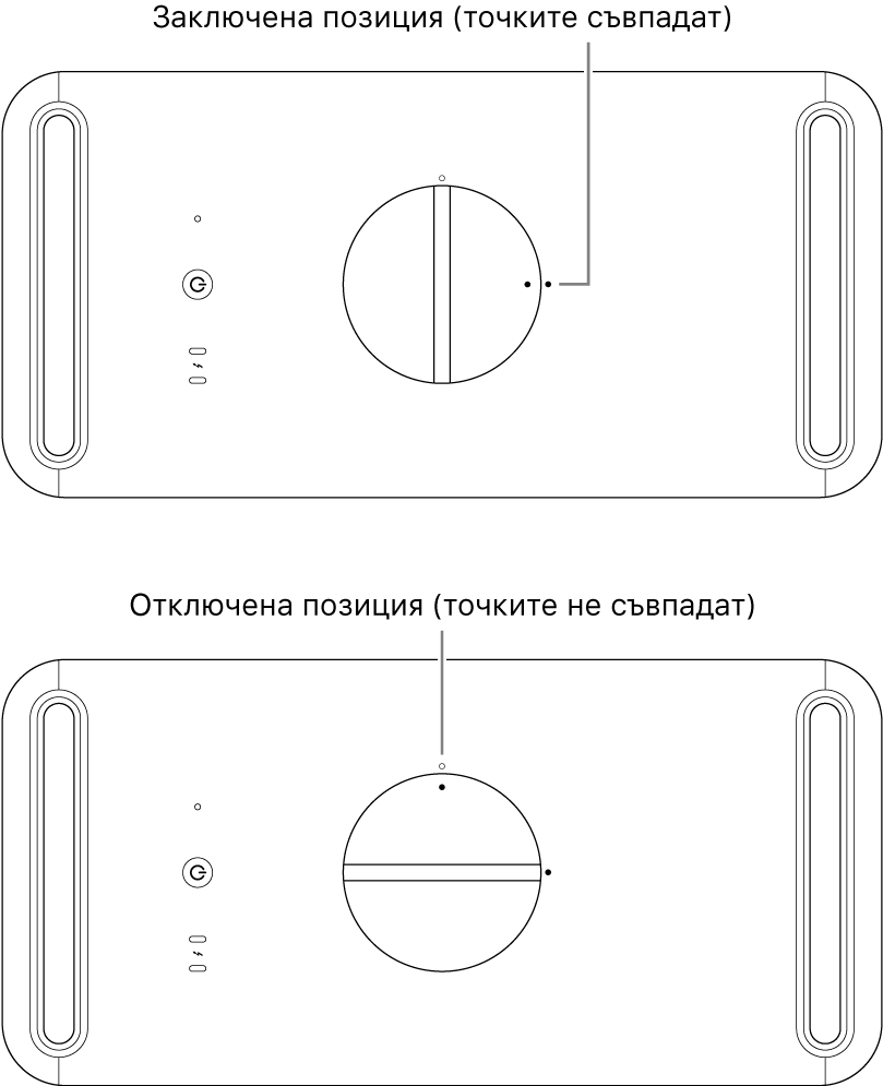 Горната част на корпуса на компютъра, където се вижда ключалката в заключено и отключено положение.