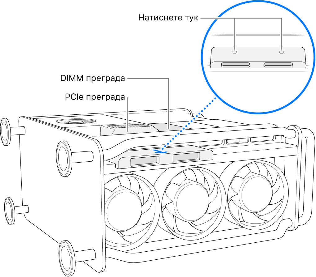 Mac Pro на една страна, като се показват преградите на DIMM и PCIe модулите и капака на SSD модулите.