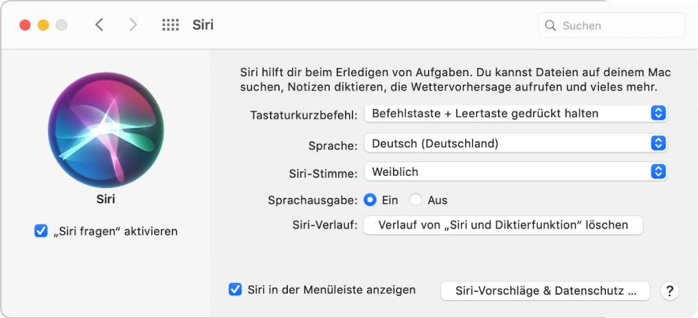 Das Fenster der Systemeinstellung „Siri“ mit ausgewählter Option „‚Siri fragen’ aktivieren“ links und verschiedenen Optionen zum Anpassen von Siri rechts.