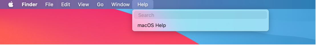 A partial desktop with the Help menu open, showing menu options for Search and macOS Help.