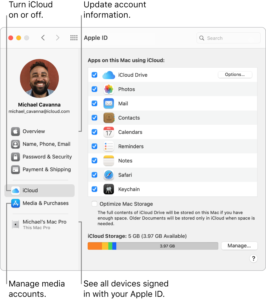 The Apple ID pane in System Preferences. Click an item in the sidebar to update your account information, turn iCloud on or off, manage media accounts, and see all devices signed in with your Apple ID.