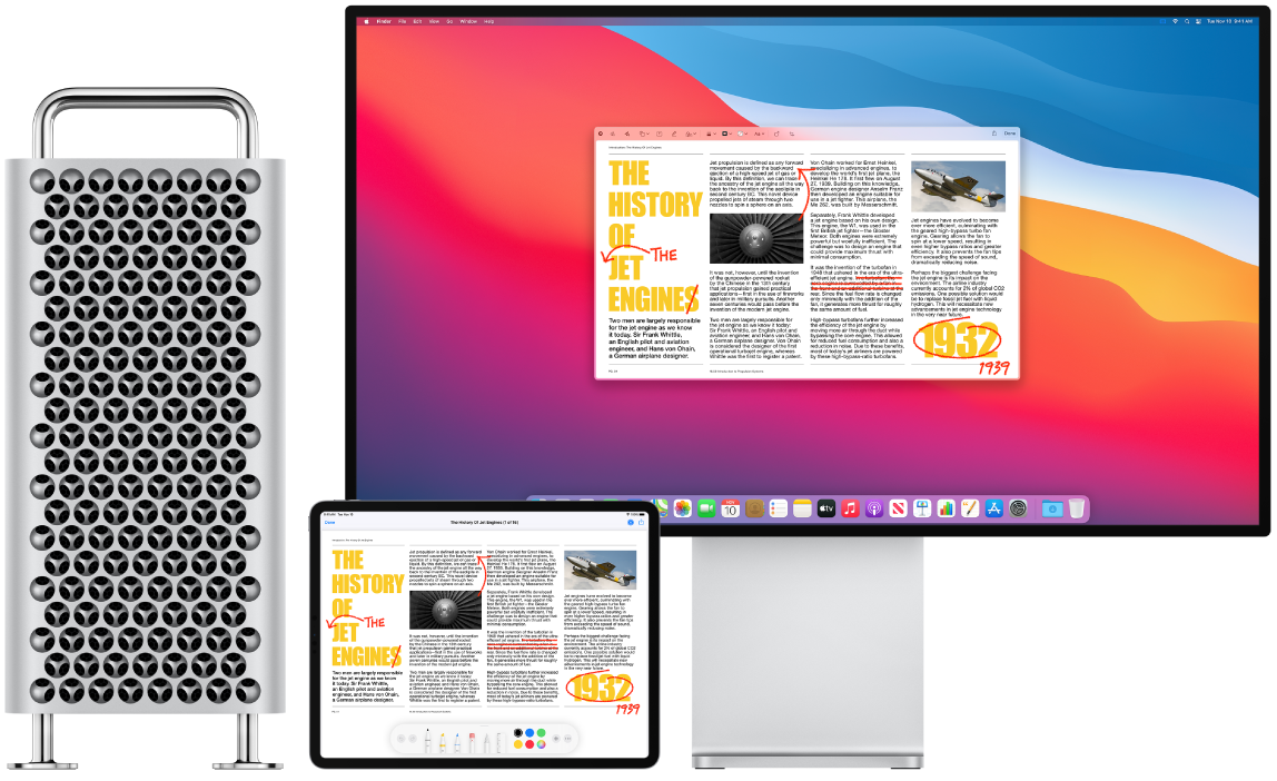 A Mac Pro and an iPad sit side by side. Both screens display an article covered in scribbled red edits, such as crossed out sentences, arrows, and added words. The iPad also has mark up controls at the bottom of the screen.