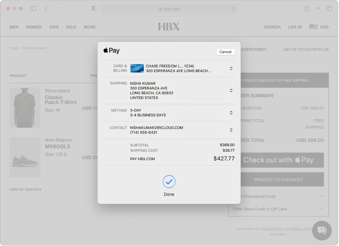 A Mac screen showing an online purchase in progress using the Apple Pay option in Safari.