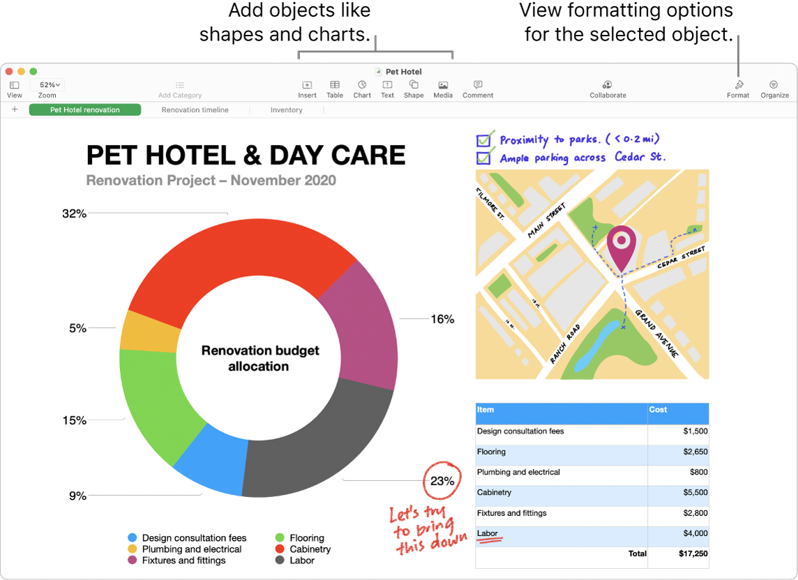 A Numbers window with the toolbar and its editing tools at the top, the Collaborate button near the top right, and the Format and Organize buttons on the right. The Format sidebar is open to the Charts tab.