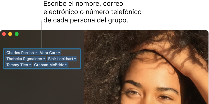 Ventana de FaceTime mostrando cómo realizar una llamada de audio o de video, usar el campo de búsqueda para ingresar o buscar detalles de un contacto y ver la lista de llamadas recientes.