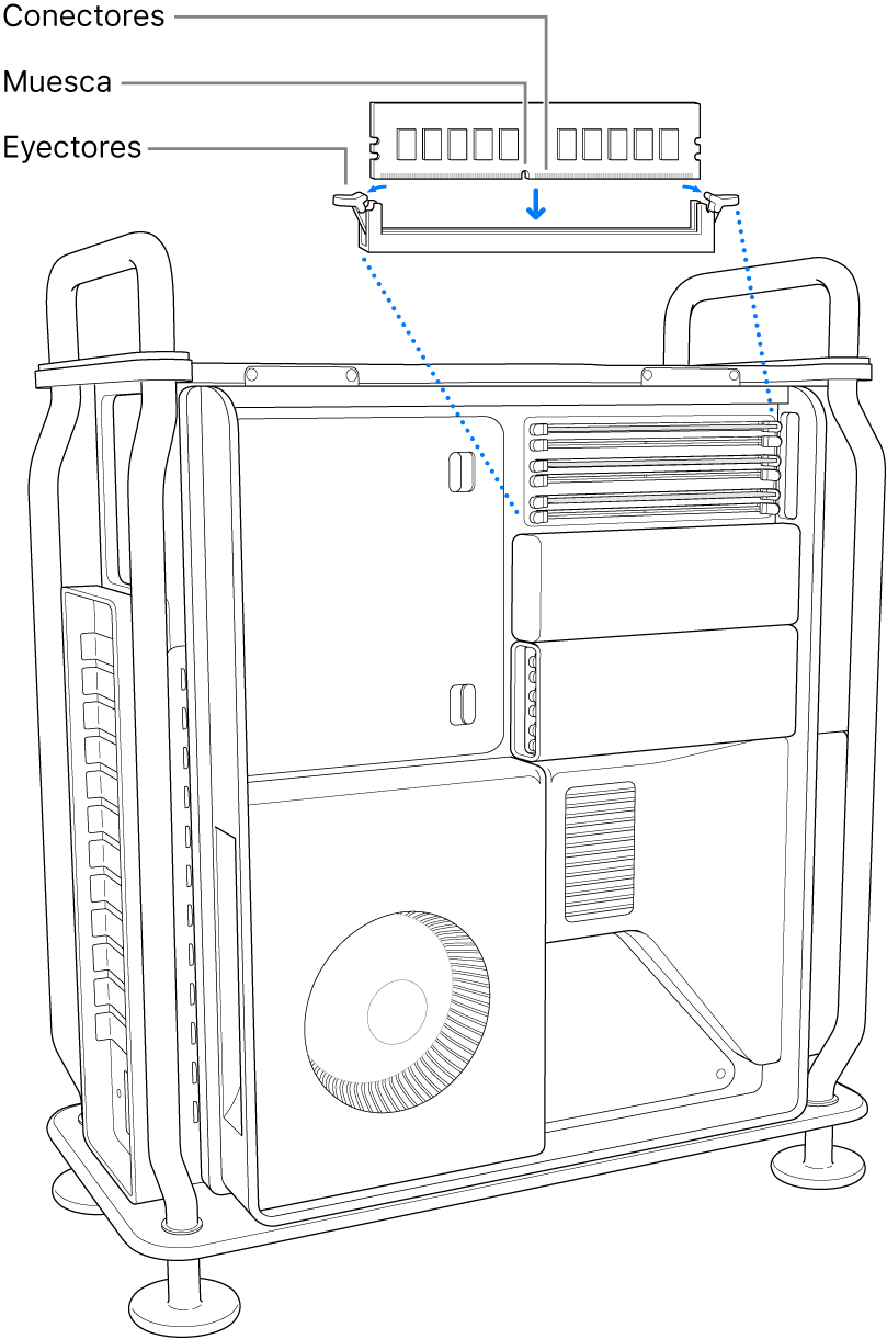 El módulo DIMM queda instalado después de que los enganches de los extractores se hayan cerrado con un chasquido.