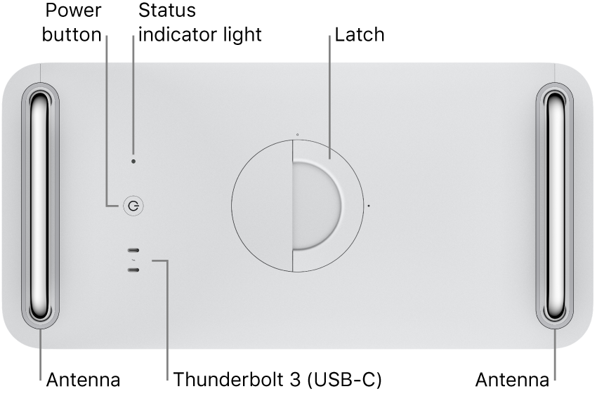 Mac Pro ülaosas on Power-nupp, süsteemi indikaatortuli, riiv, antenn ning kaks Thunderbolt 3 (USB-C) porti.