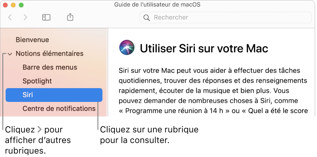 Visualisation Aide indiquant comment afficher les rubriques situées dans la barre latérale et comment afficher le contenu d’une rubrique.