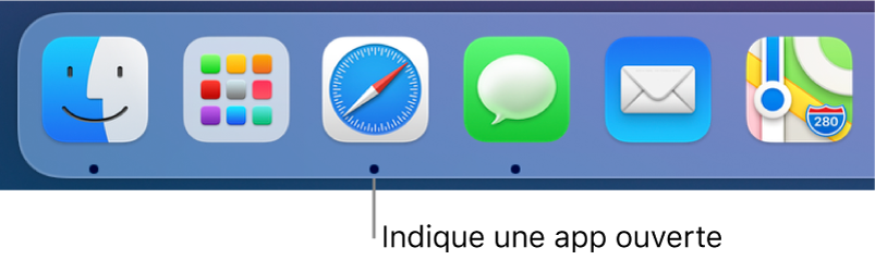 Une partie du Dock montrant des points noirs sous les apps ouvertes.