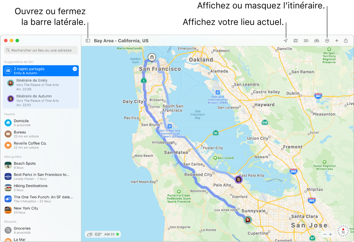 Fenêtre de Plans affichant comment obtenir un itinéraire en cliquant sur une destination dans la barre latérale, comment ouvrir ou fermer la barre latérale, et comment trouver votre position actuelle sur le plan.