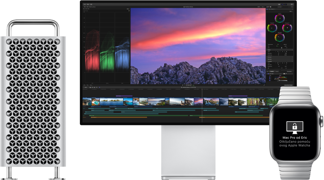Mac Pro i njegov zaslon pokraj Apple Watcha prikazuju poruku da je sat otključao Mac.