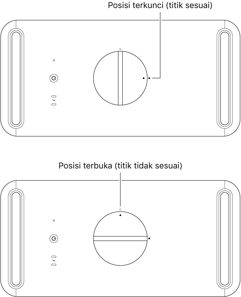 Bagian atas casing komputer menampilkan kait dalam posisi terkunci dan terbuka.