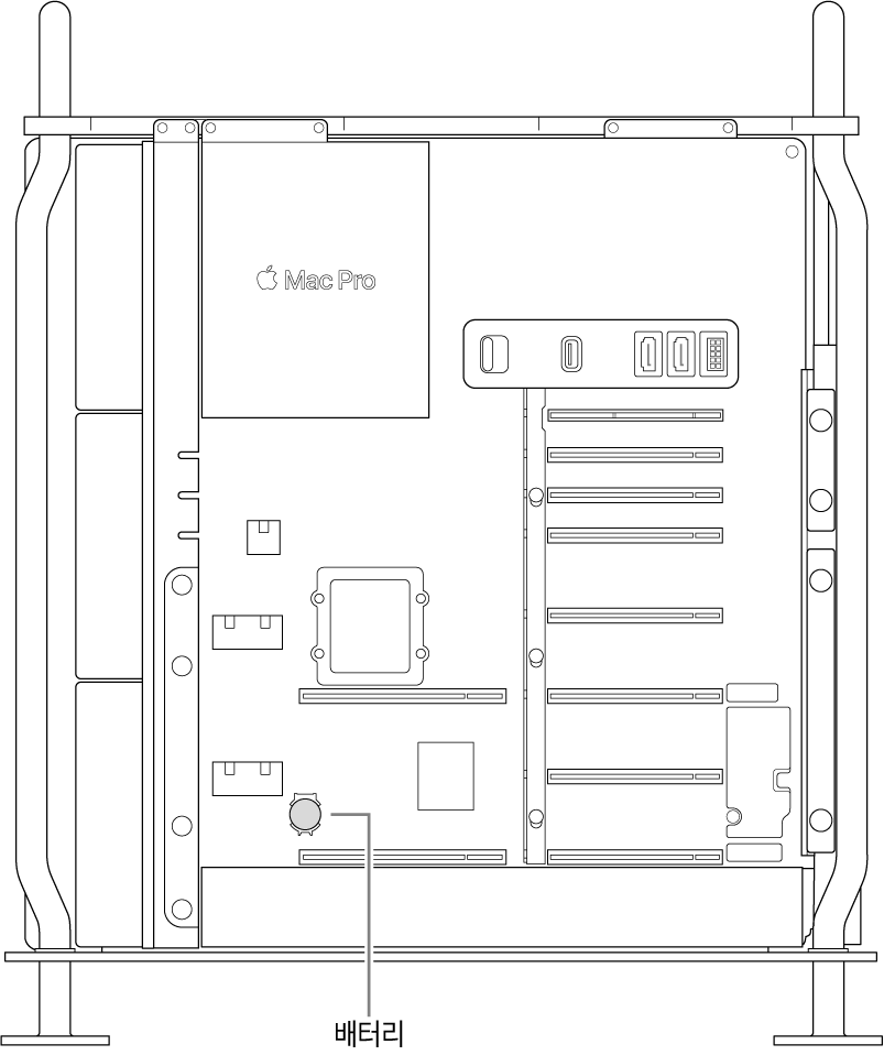 코인형 전지의 위치를 보여주는 Mac Pro의 내부 모습.